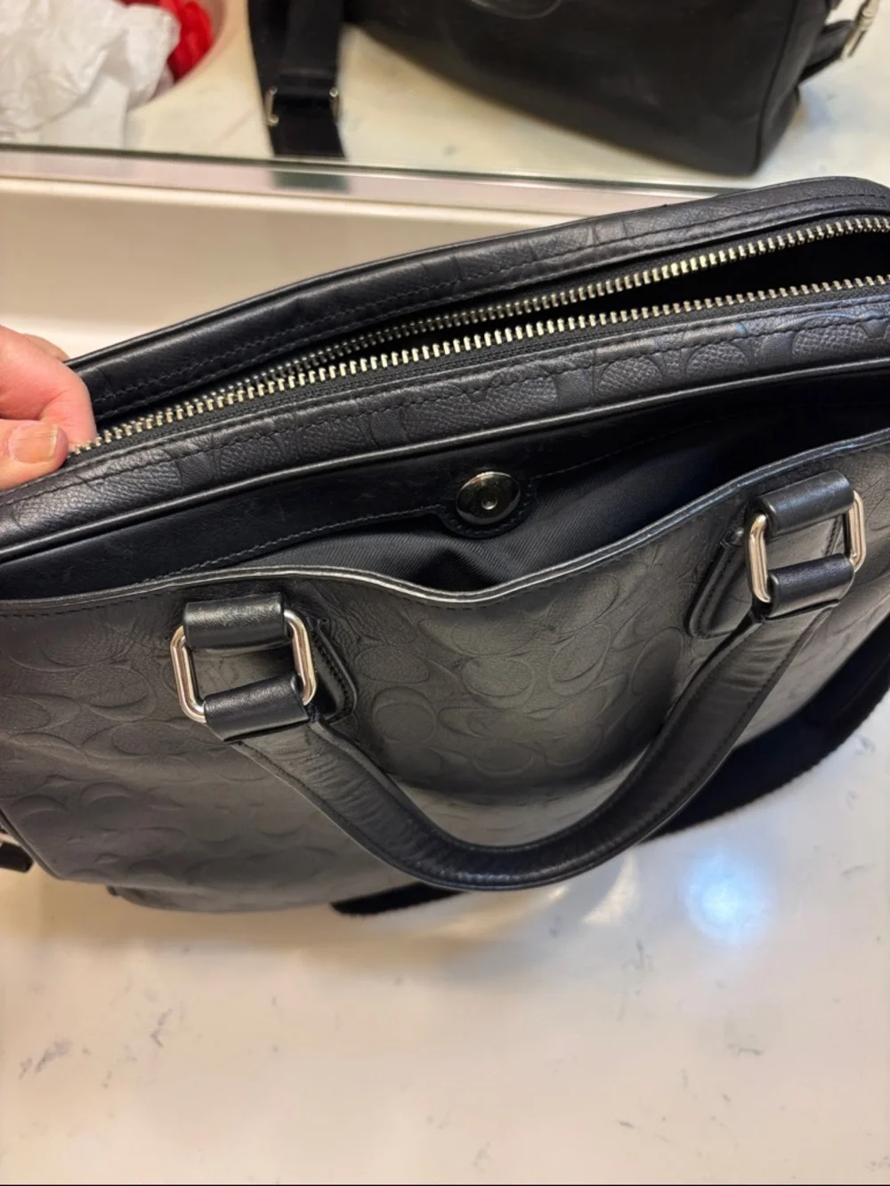 Coach Black Embossed Signature Leather Laptop Briefcase with Strap